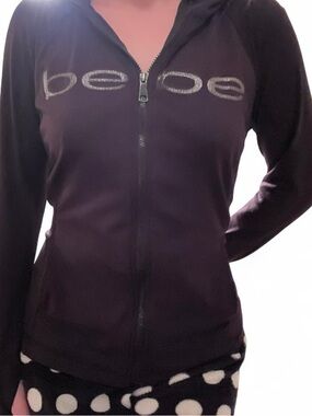 Bebe Black Zip Front Hoodie with Rhinestone Logo